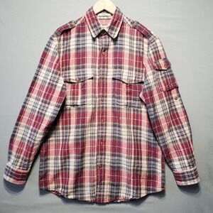 Orvis Plaid Linen Cotton Shirt Mens Medium Red Utility Pockets Outdoor Hiking